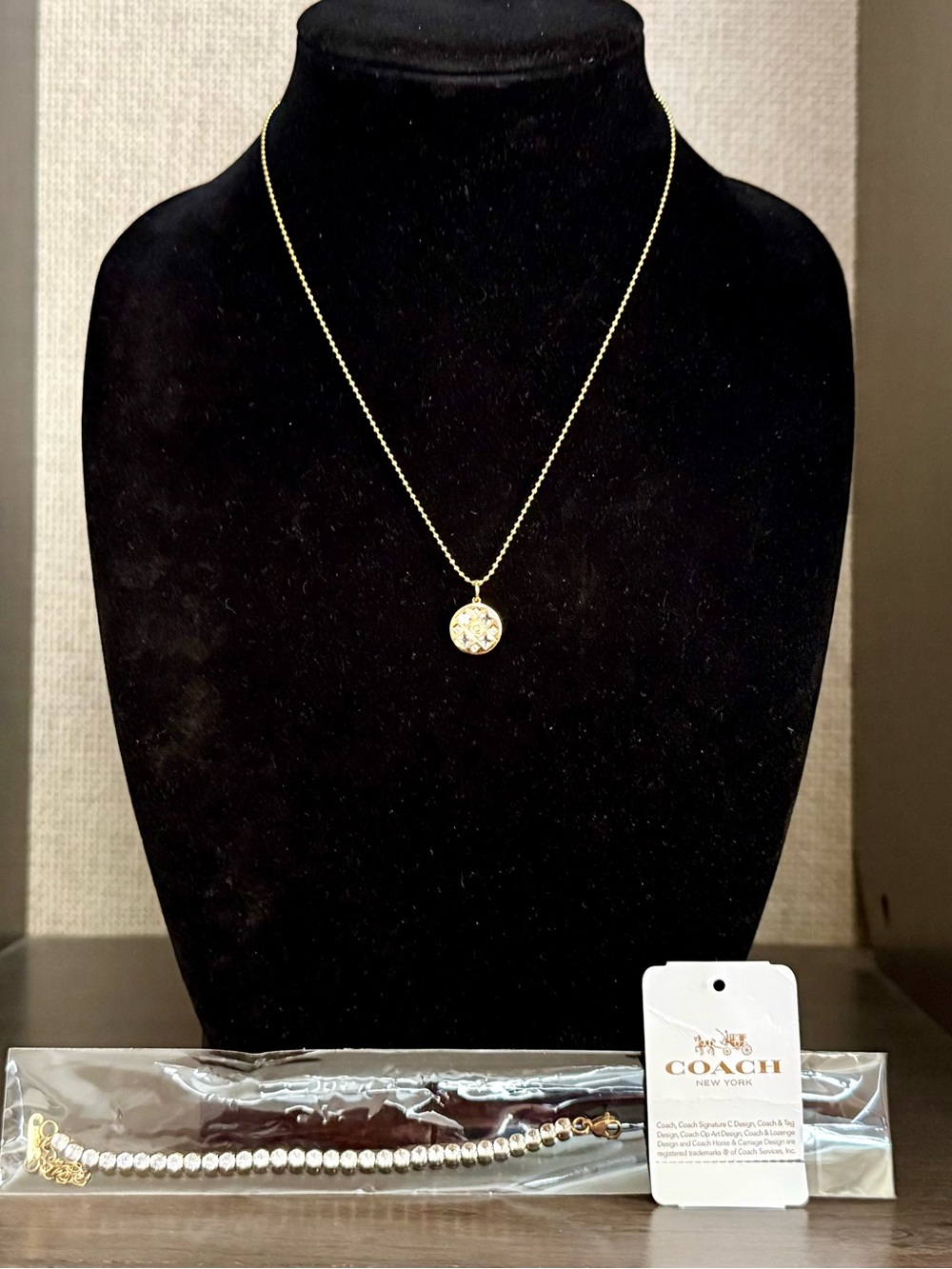 RARE Coach Pink Crystal Medallion Necklace & Gold Filled Zircon Tennis Bracelet